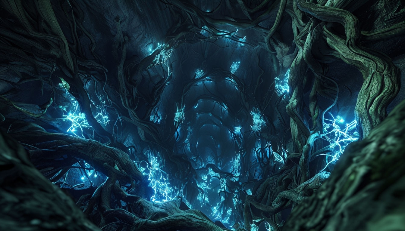 Bioluminescent Underground Root Network Photorealistic Background Virtual Backgrounds