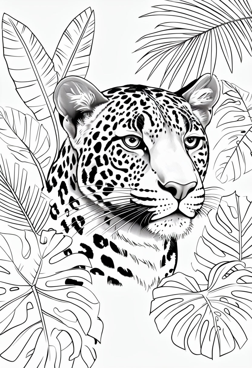 Majestic Leopard Head Surrounded by Tropical Leaves Coloring Book Page