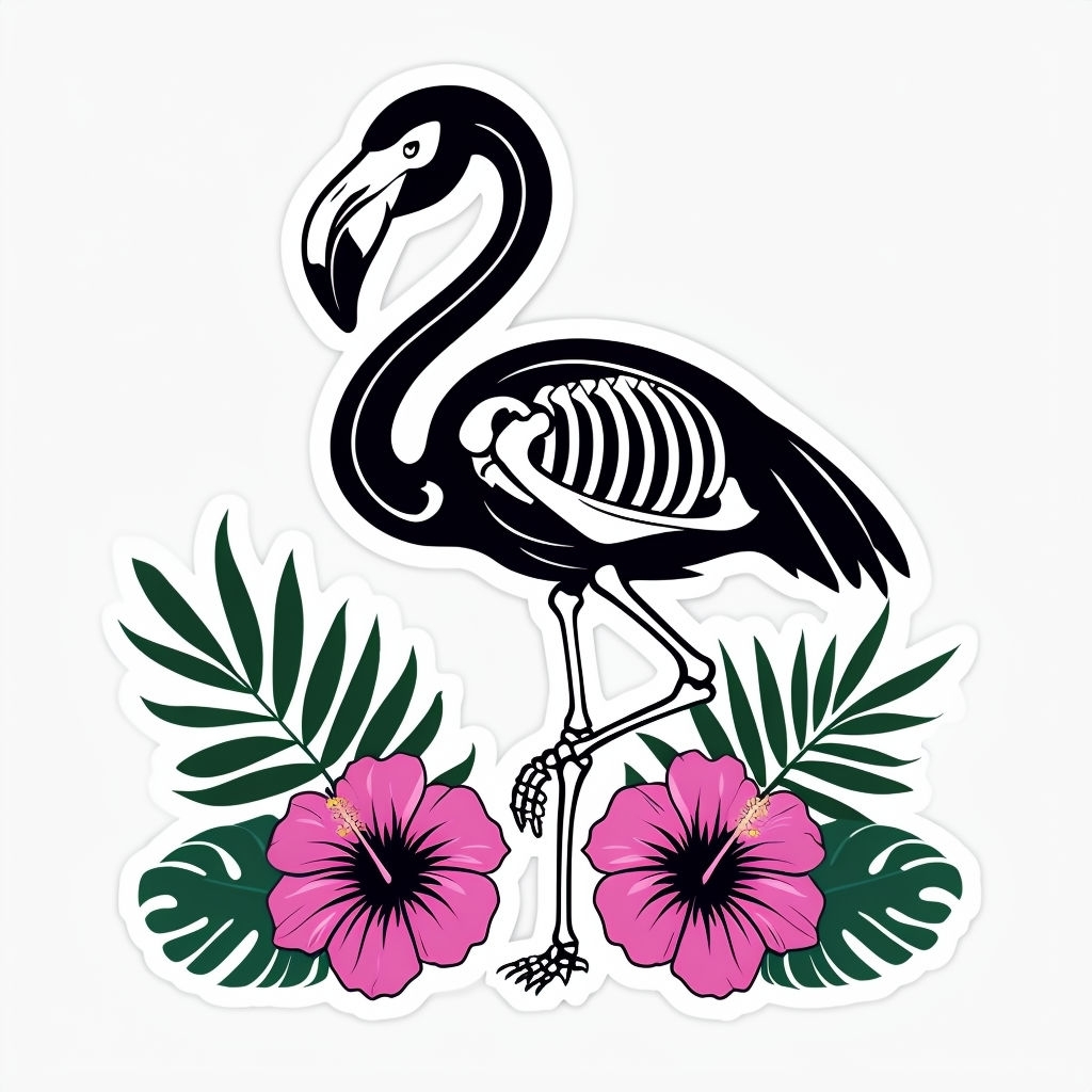 Stylized Black Flamingo Skeleton with Hibiscus Flowers Sticker