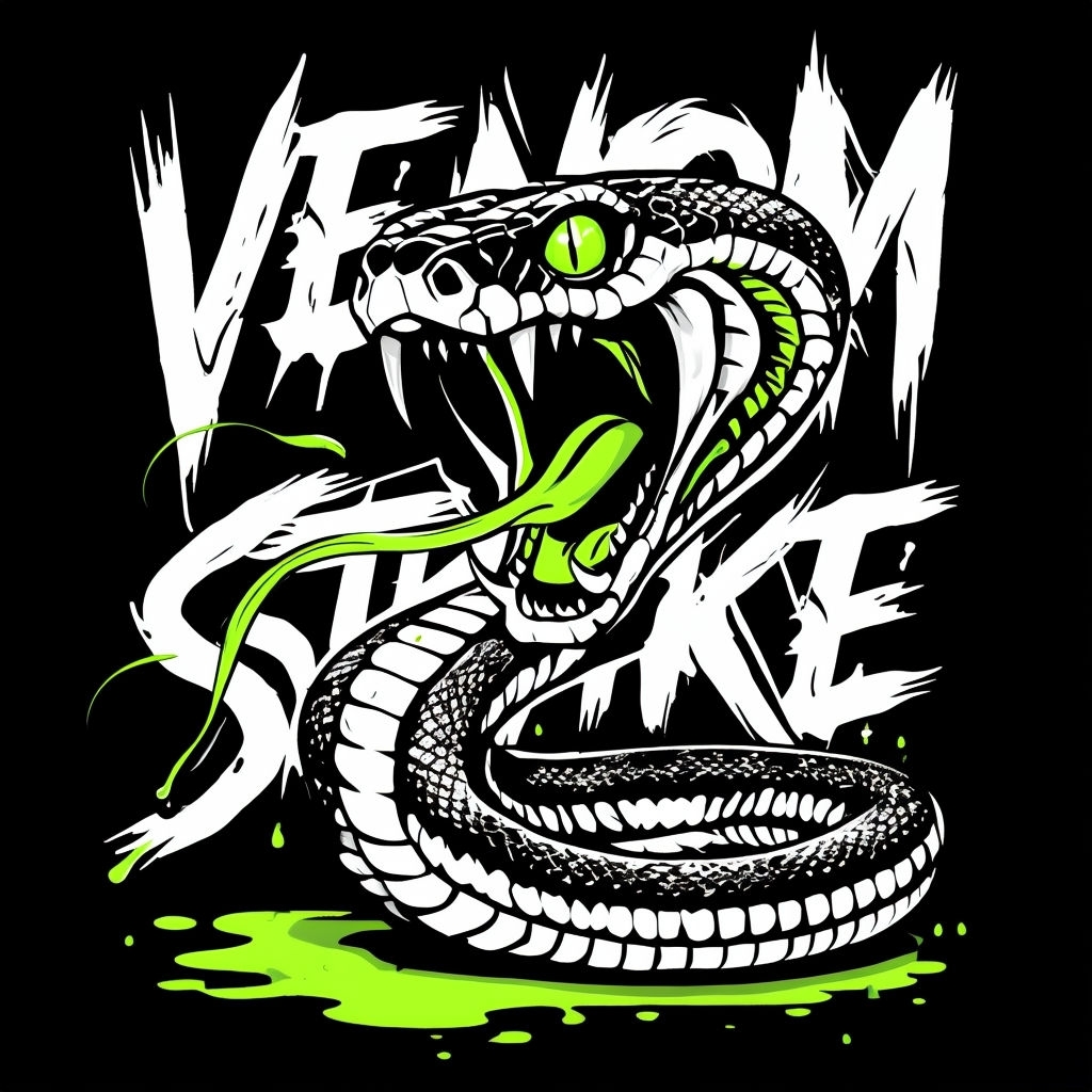 Fierce Coiled Snake with Venom Strike Text Cartoon T-Shirt