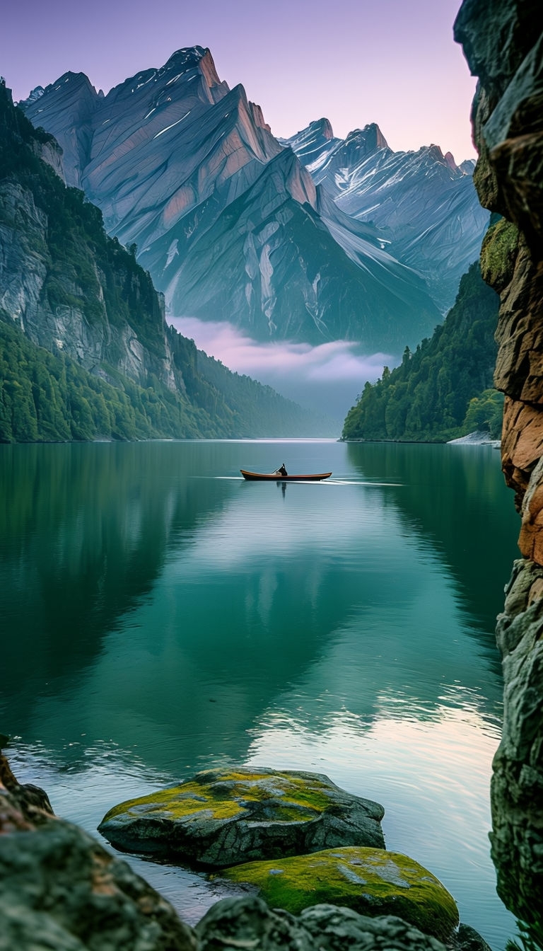 Tranquil Mountain Lake Reflection with Canoe Mobile Wallpaper