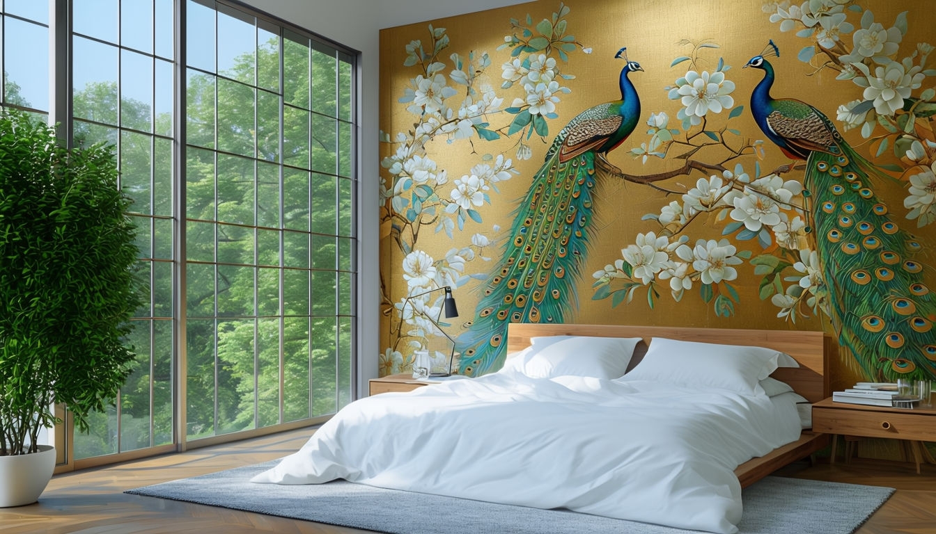 Vibrant Peacock Mural in Modern Serene Bedroom Art