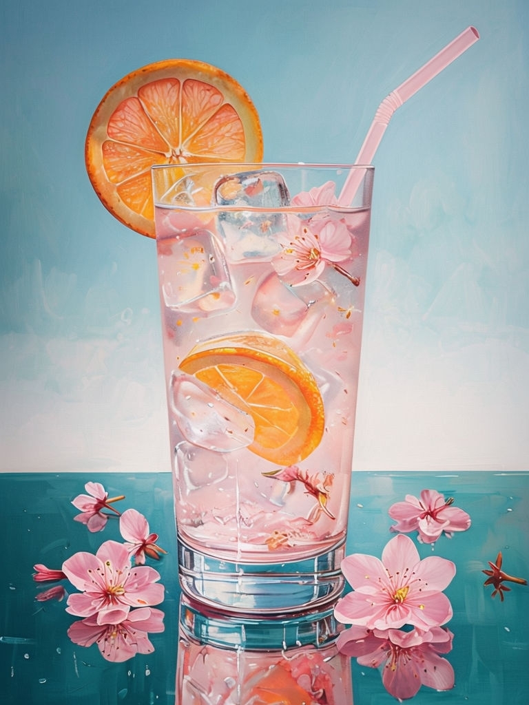 Refreshing Pink Beverage with Cherry Blossoms and Orange Slice Poster