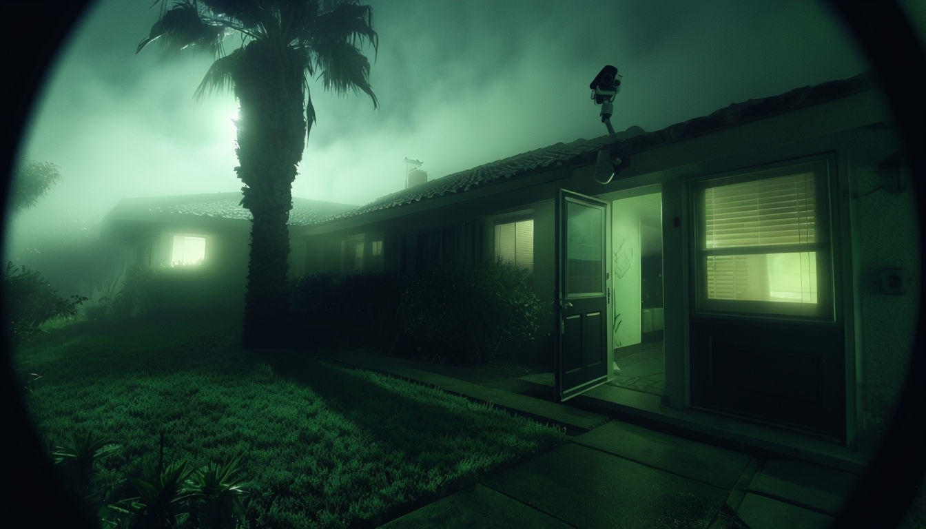 Eerie Nighttime House with Fog Surveillance View Background