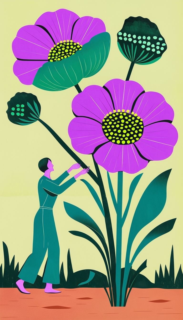 Surreal Garden with Bold Flowers and Stylized Figure Art