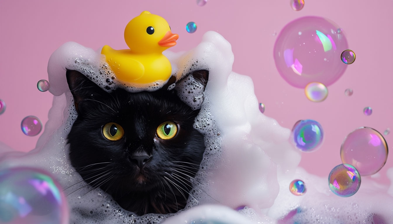 Whimsical Black Cat with Rubber Duck in Bubble Bath Scene Virtual Backgrounds