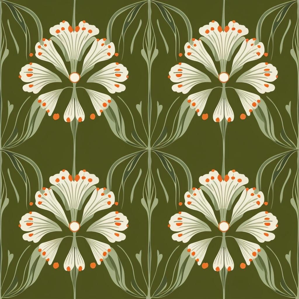 Symmetrical Floral Pattern in Olive Green and White Seamless Pattern