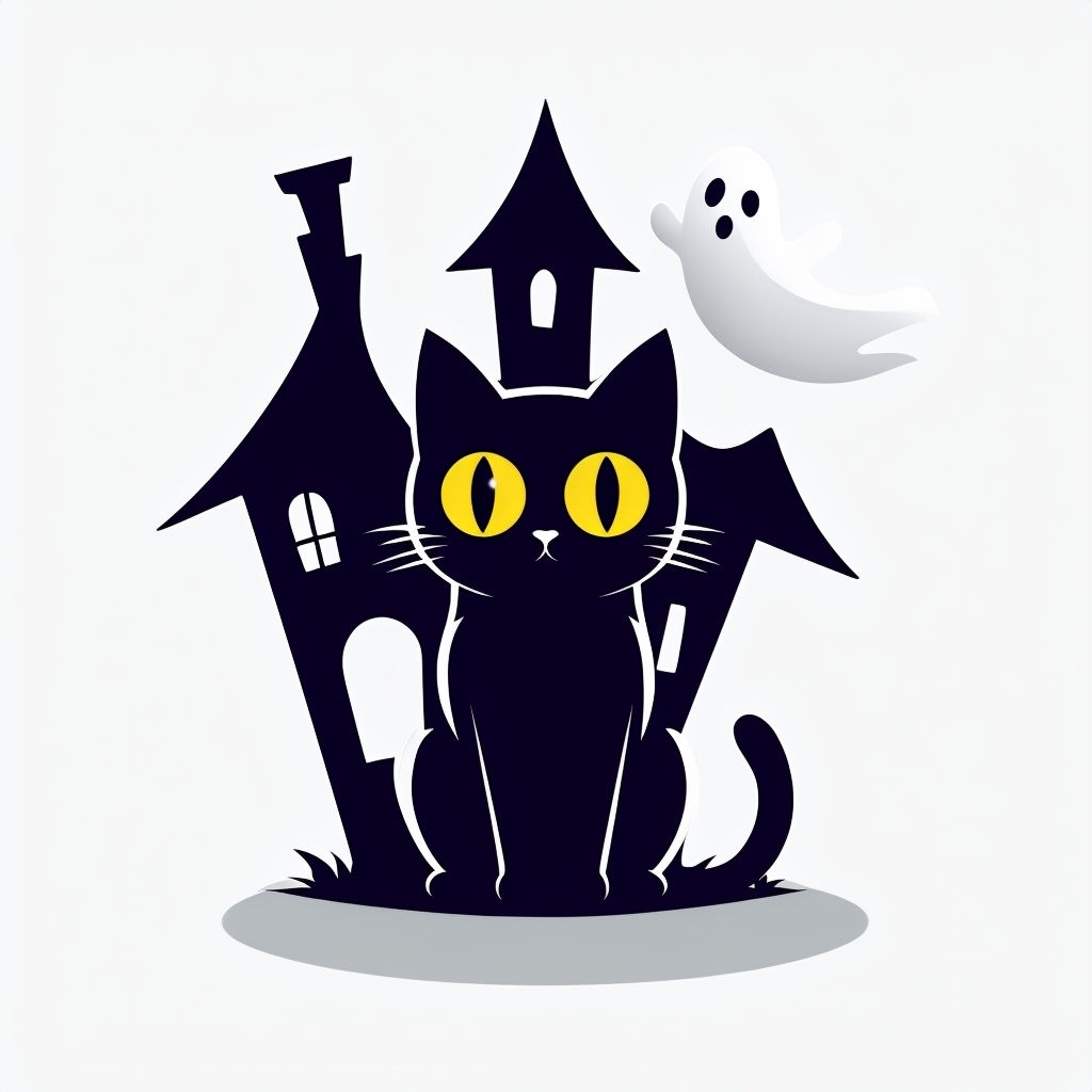 Playful Black Cat and Haunted House Illustration for Mug