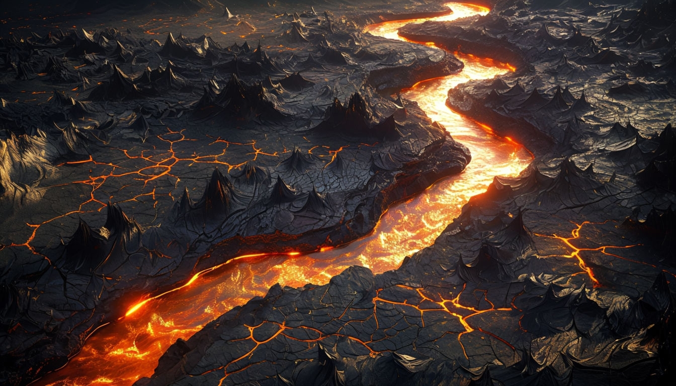 Surreal Primordial Landscape with Molten Gold Rivers Background