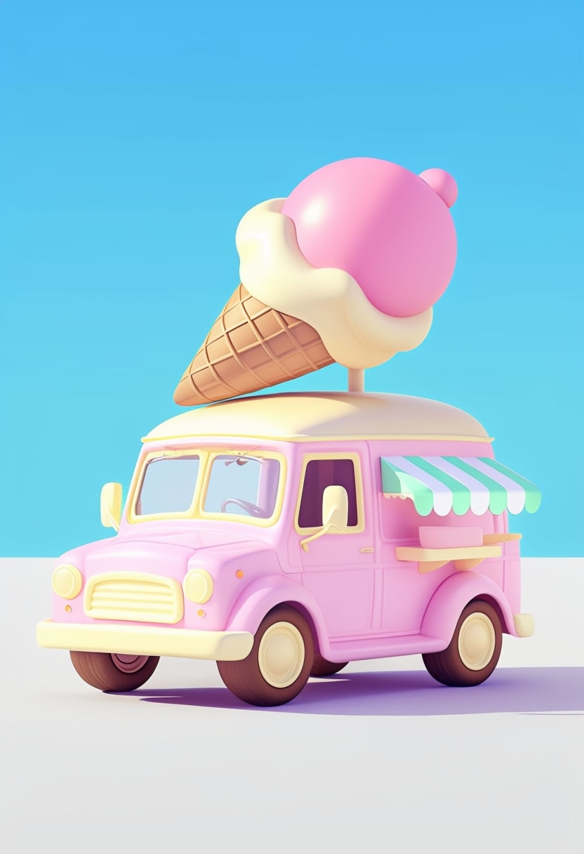 Charming Vintage Ice Cream Truck in Pastel Digital Art Style