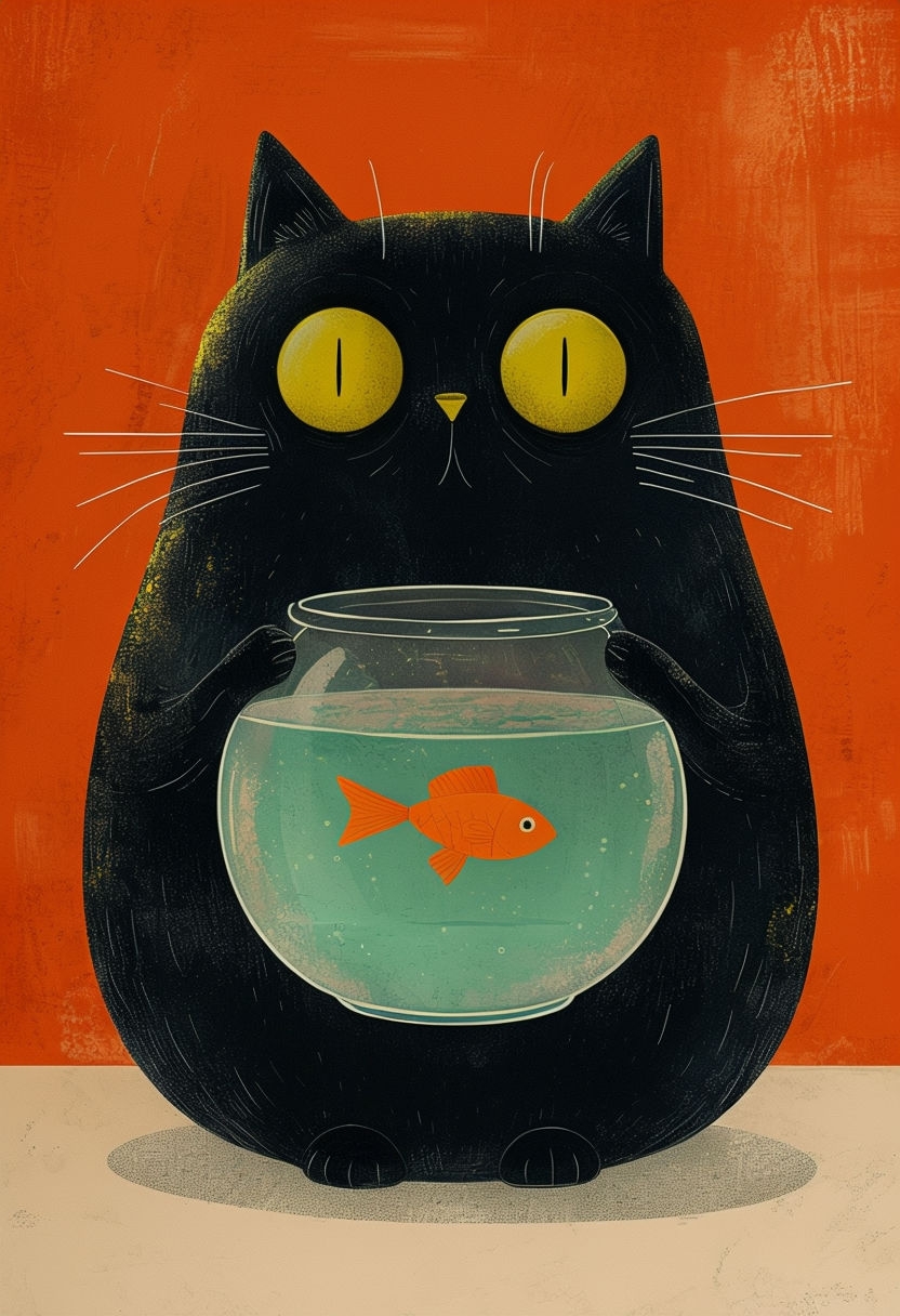 Whimsical Black Cat Holding Fishbowl Cartoon Illustration Art