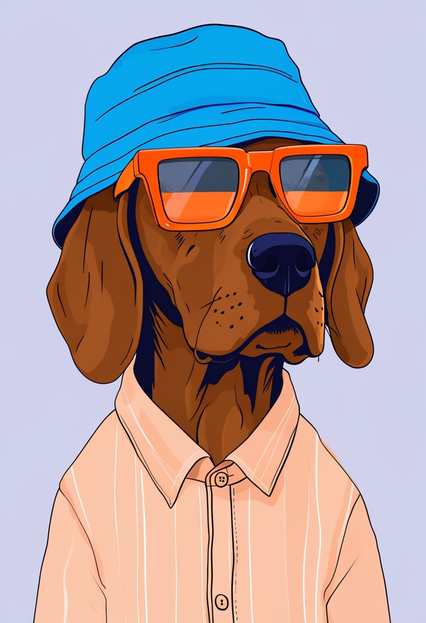 Stylized Brown Dog in Bucket Hat and Sunglasses Illustration Art