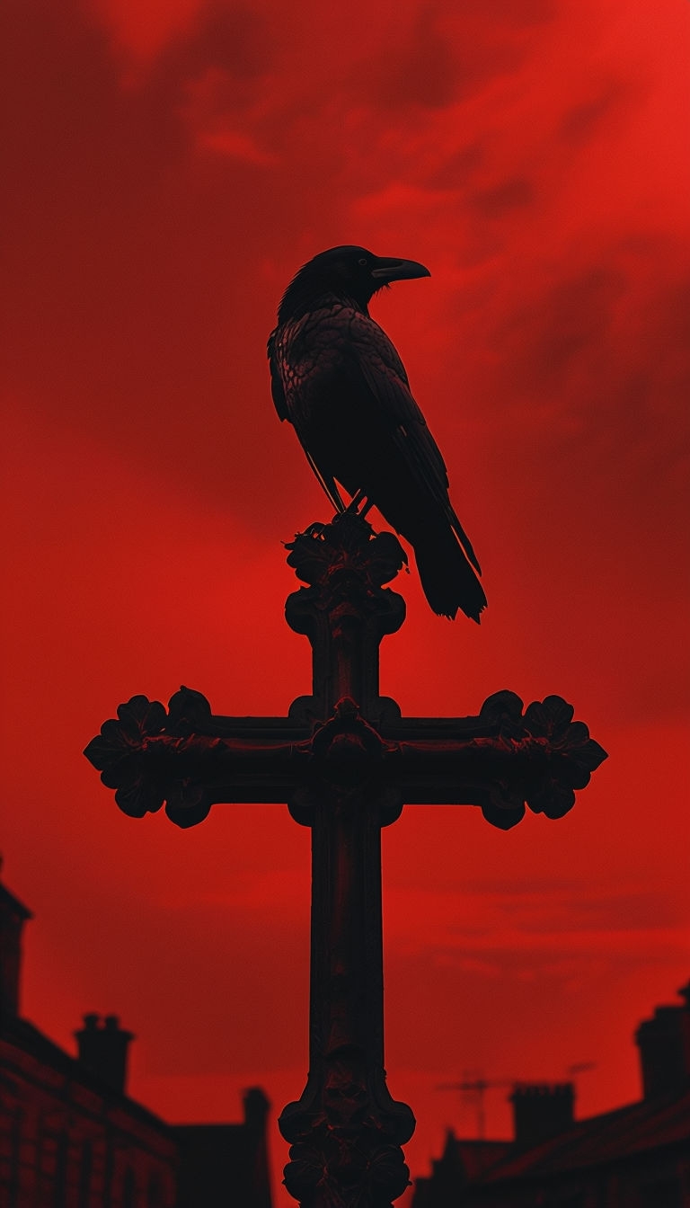 Striking Crow Silhouette on Ornate Cross Against Red Sky Mobile Wallpaper
