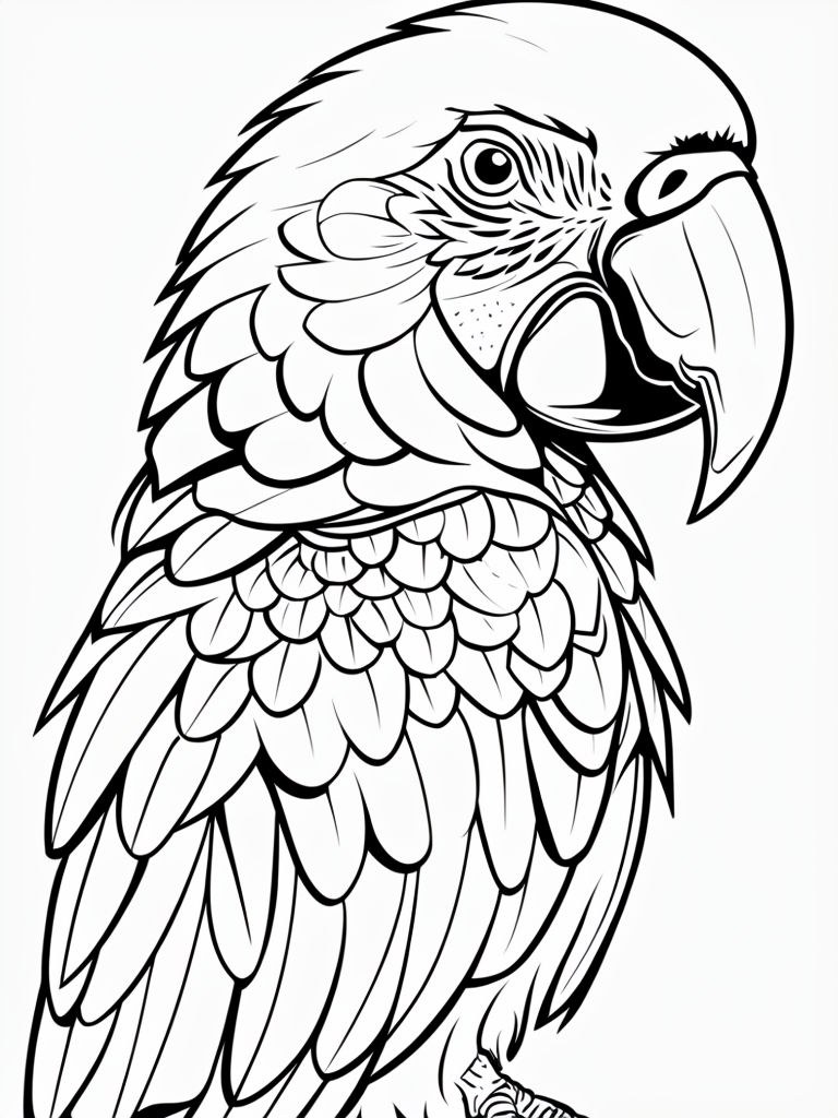 Detailed Black and White Parrot Coloring Page Illustration