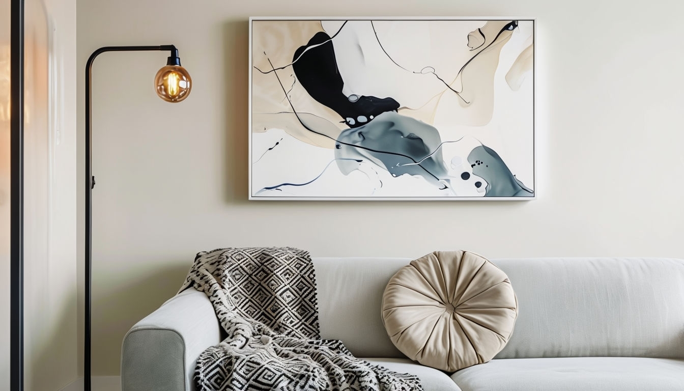 Modern Cozy Living Room with Abstract Art Virtual Background