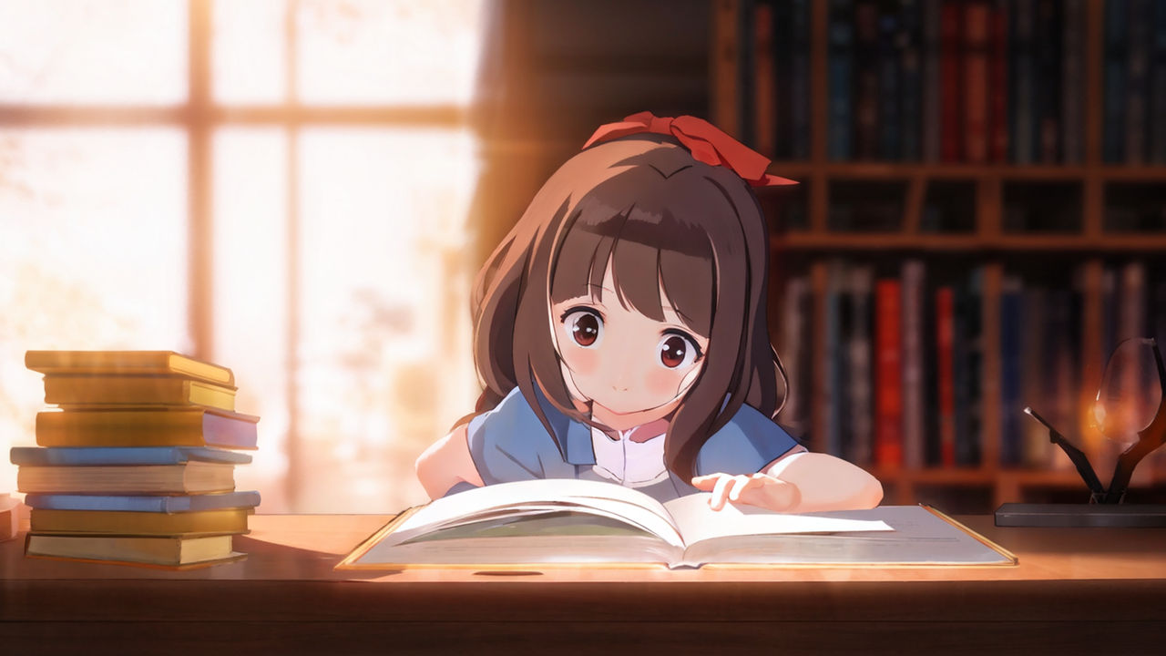 a girl studying on a table with full of focous anime korean girl