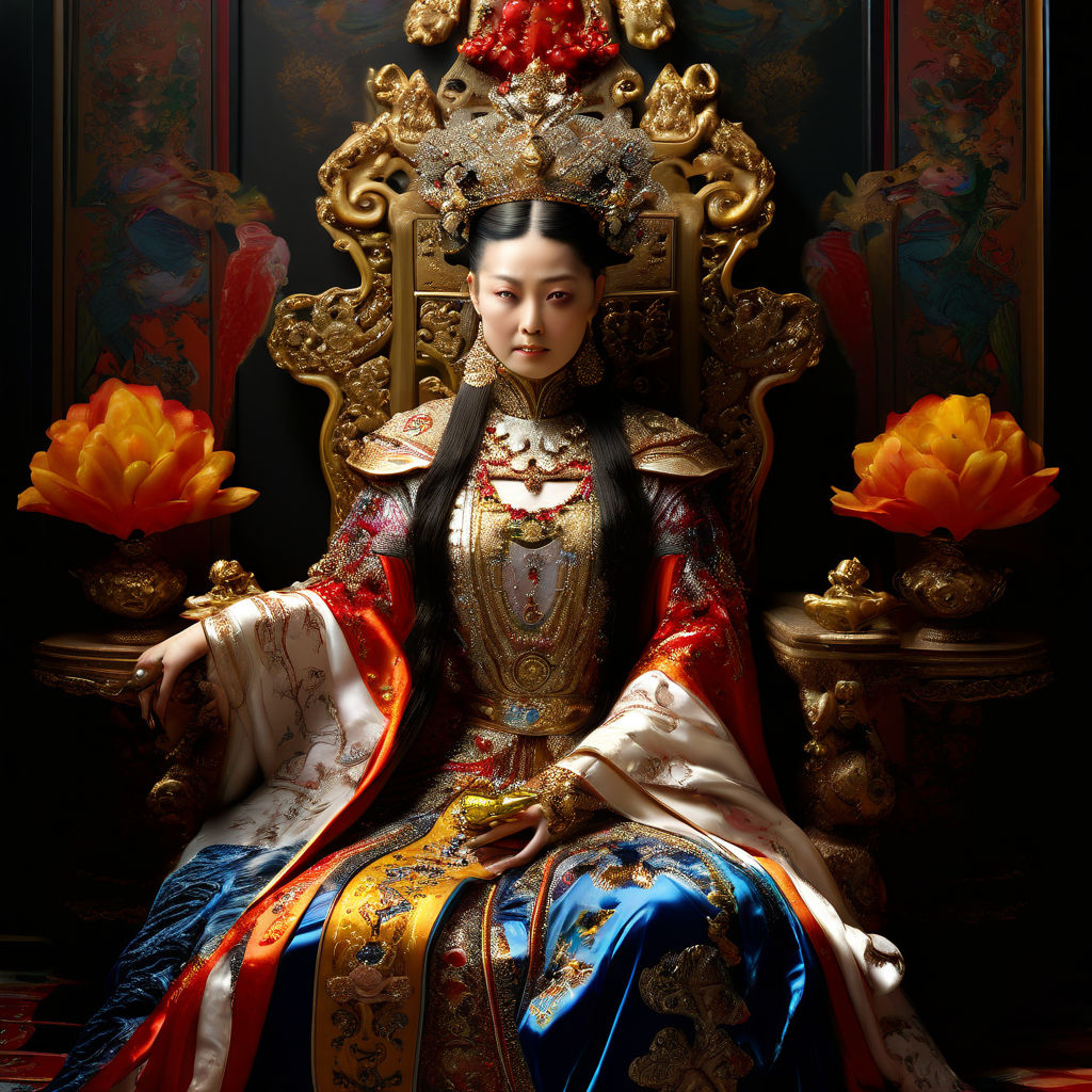 Empress Cixi seated on a throne surrounded by ornate imperia... by 2C ...