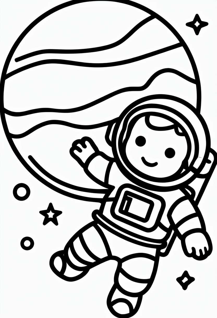 Adventurous Astronaut Floating Near Simplified Planet Coloring Page