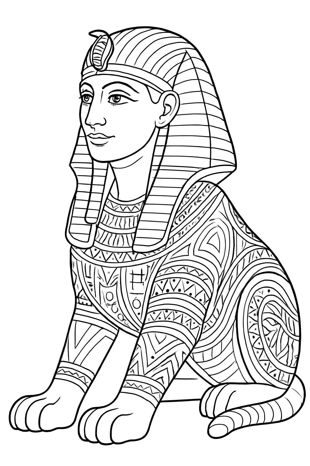 Stylized Ancient Egyptian Hyena Sphinx Line Drawing Coloring Book Pages