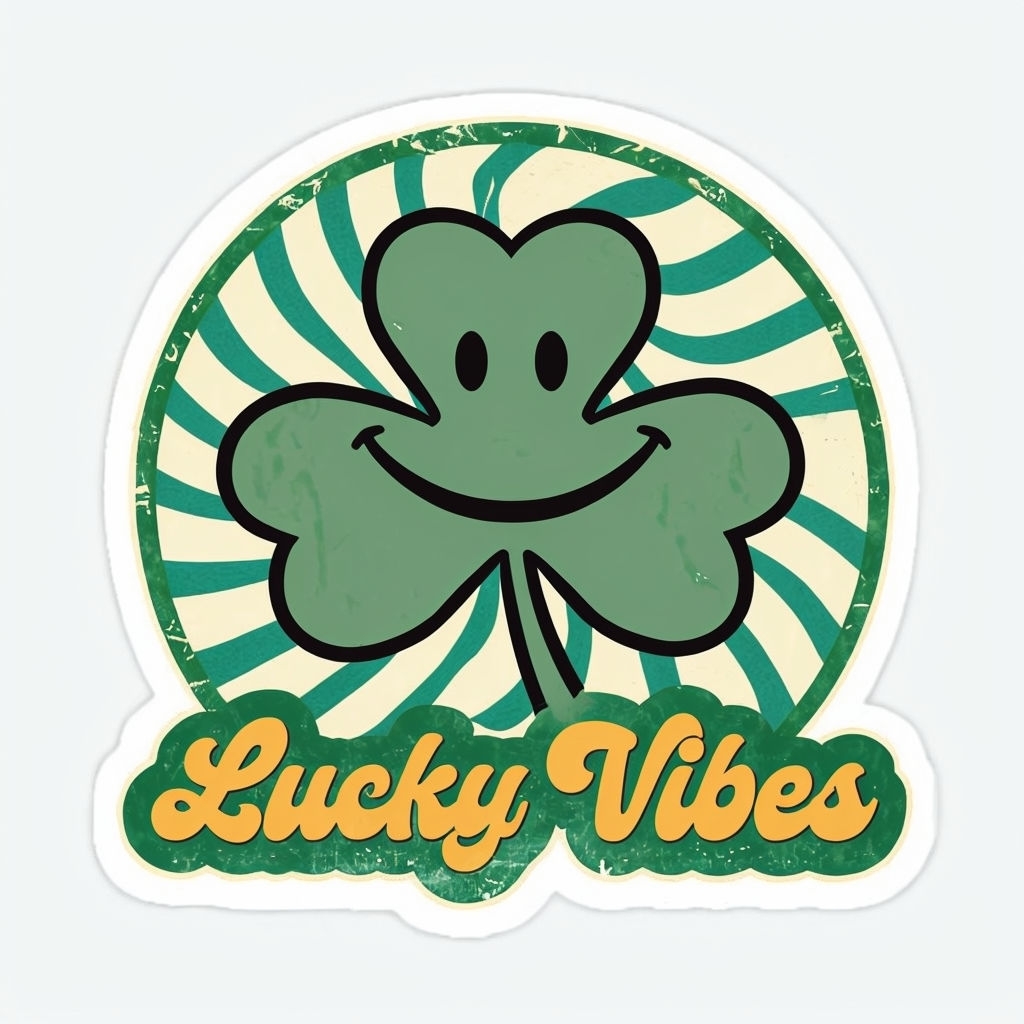 Retro Smiling Shamrock Lucky Vibes Sticker Design