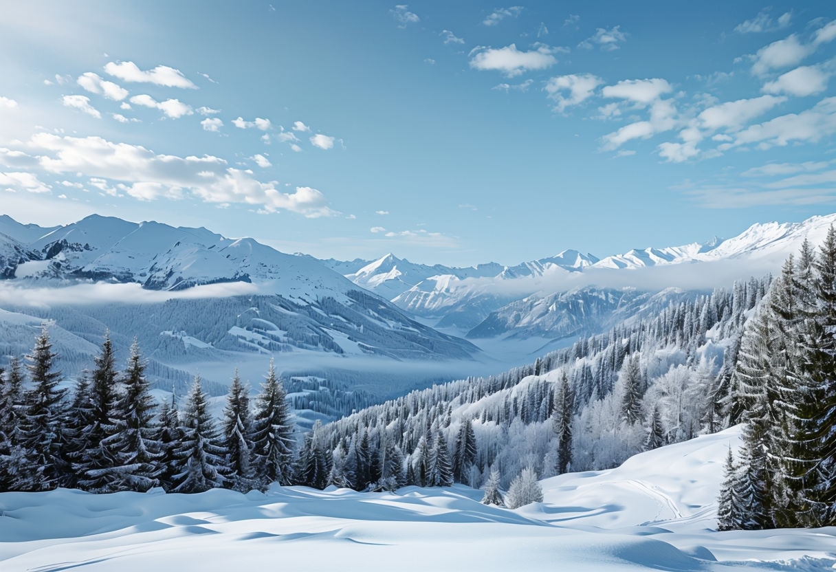 Serene Winter Landscape with Snow-Covered Trees and Mountains Background