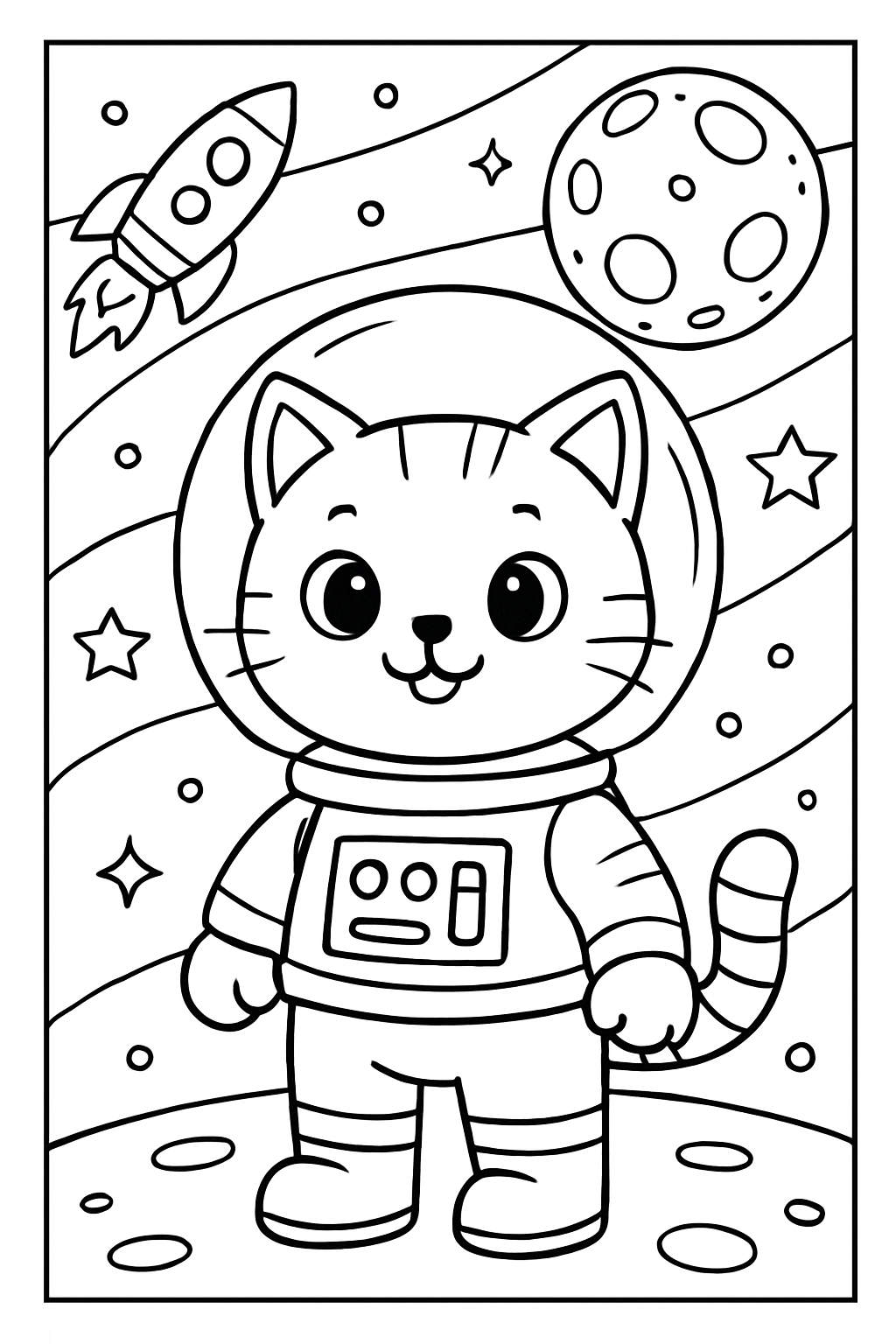 Cute Cartoon Cat Astronaut in Space Scene Coloring Page