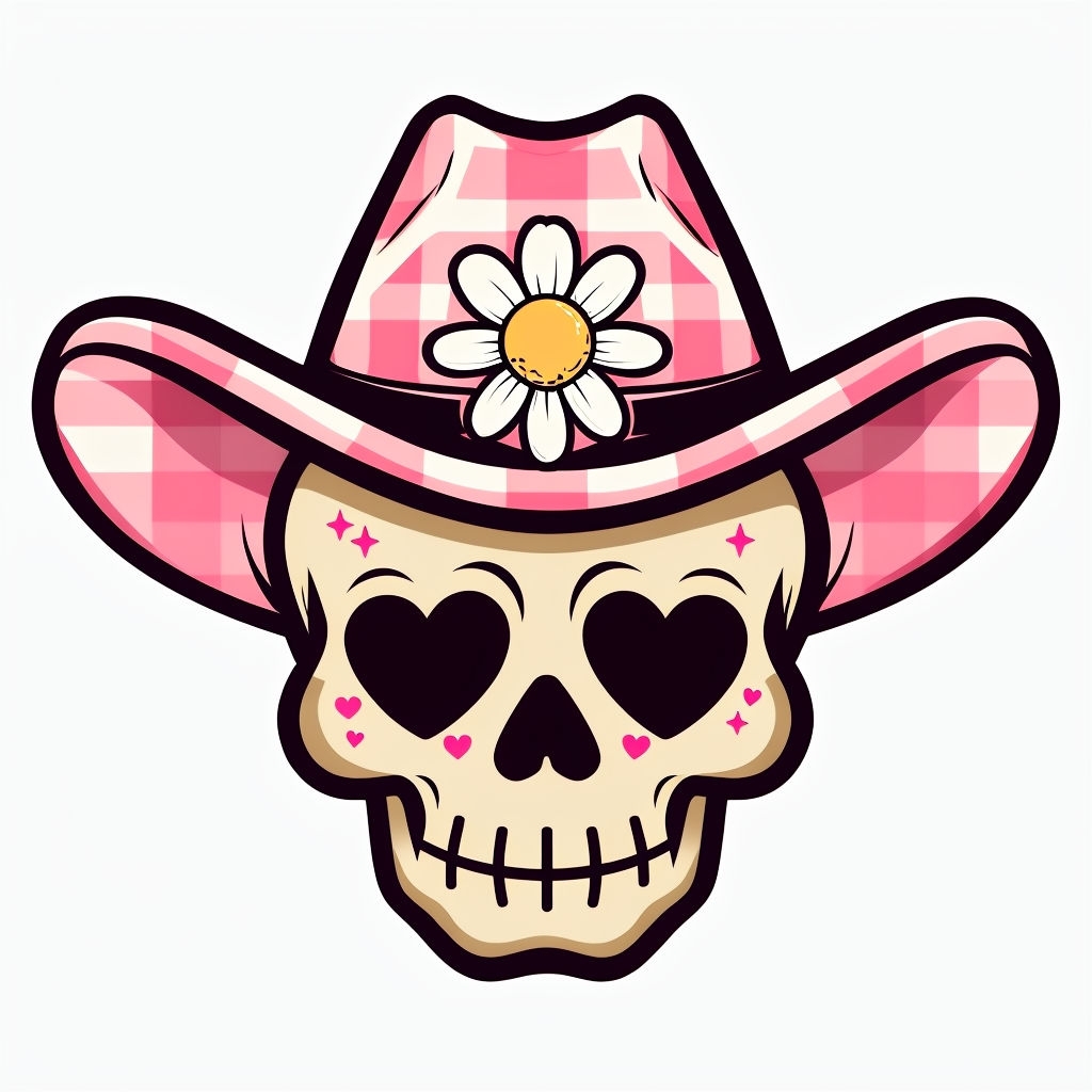 Whimsical Skull with Cowboy Hat and Stars Cartoon Sticker