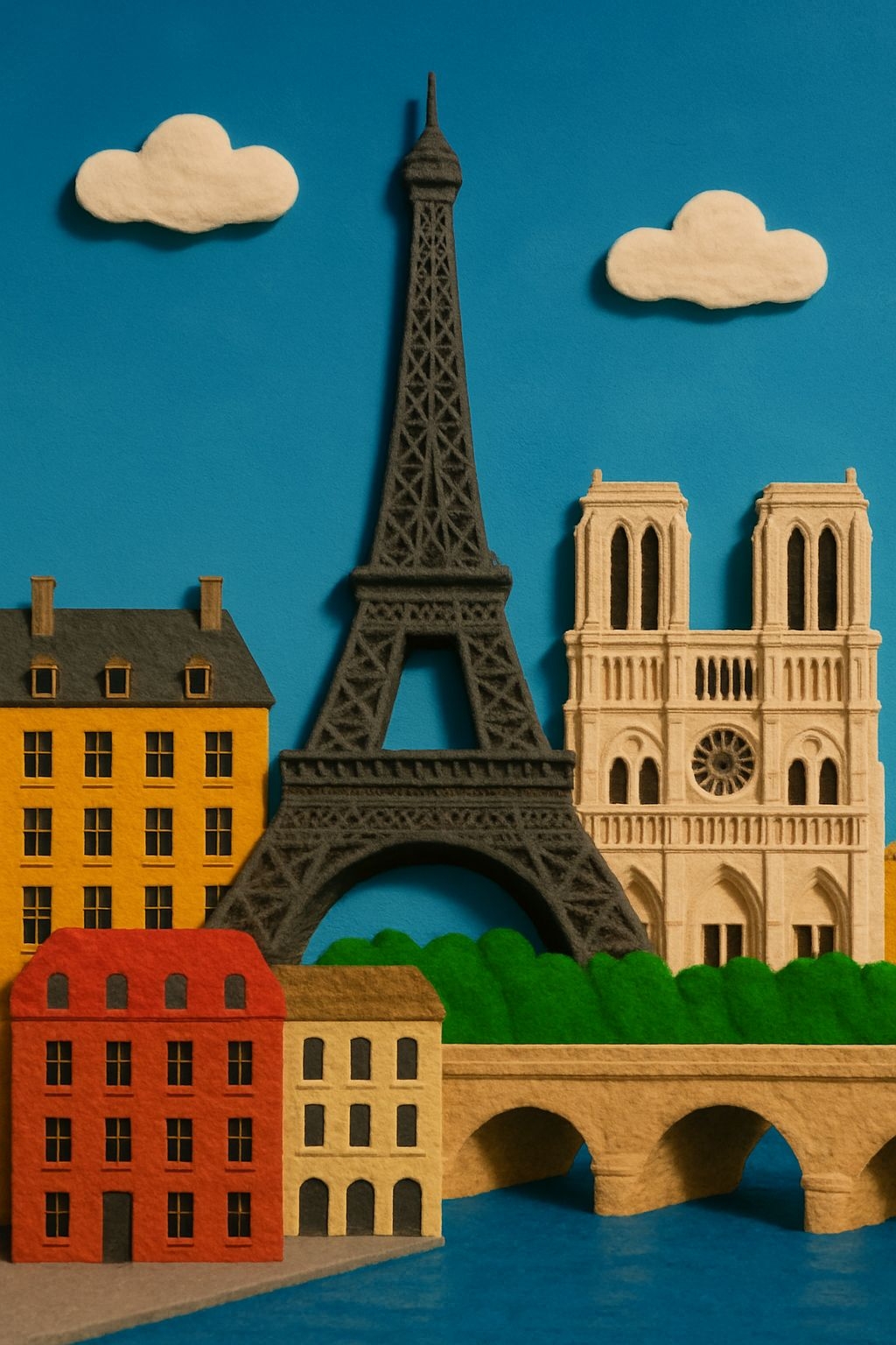 Whimsical Craft Illustration of Paris Landmarks Art