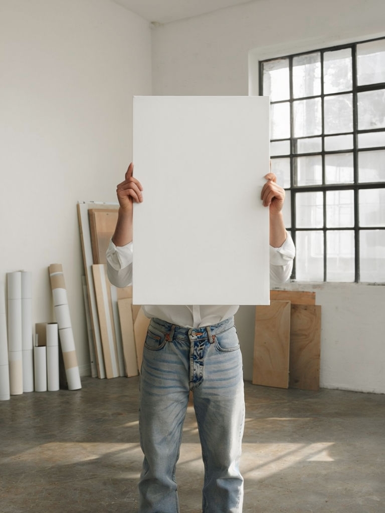 Minimalist Workshop Scene with Artist Holding Canvas Social Media Post