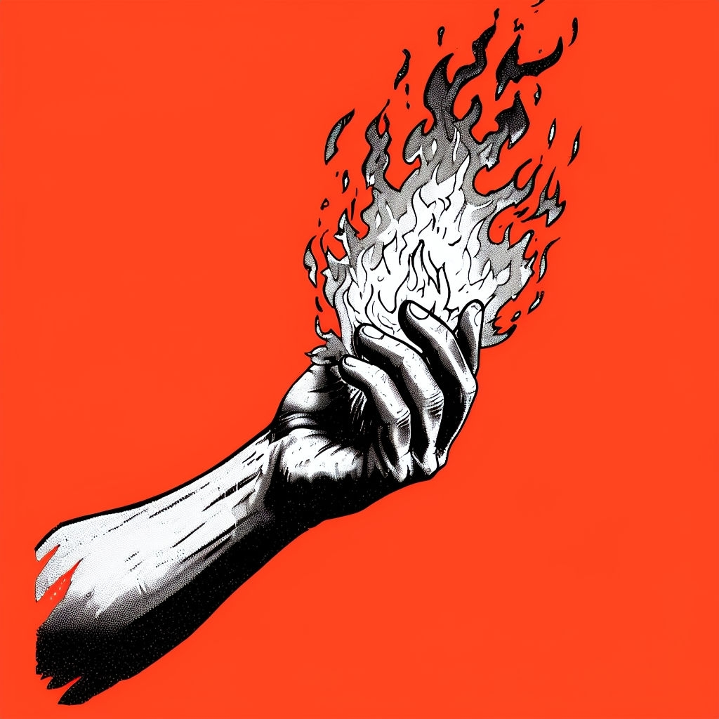 Vintage Comic Hand Gripping Flame Illustration T-Shirt