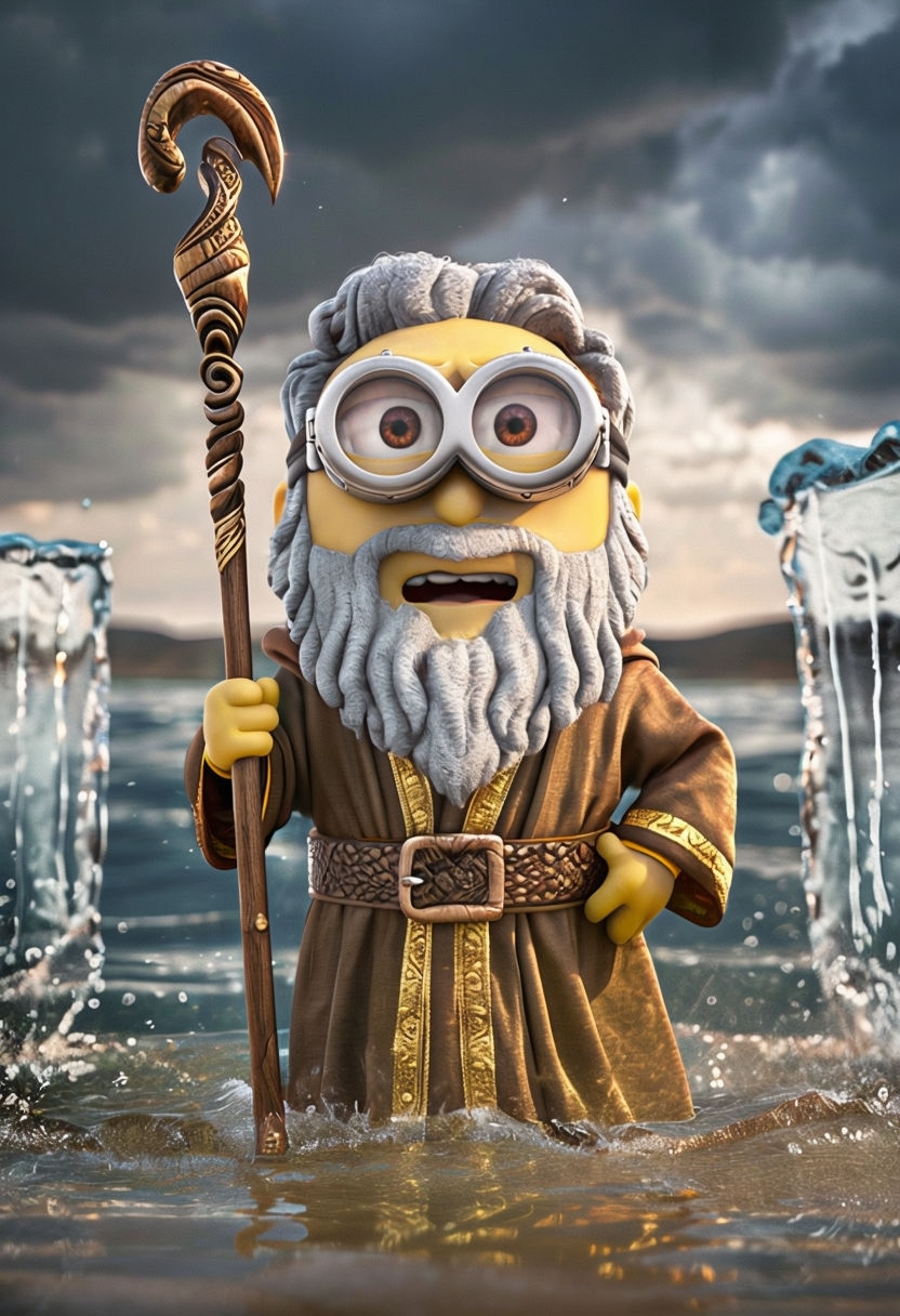 Whimsical Minion Moses Parting the Red Sea 3D Art Scene