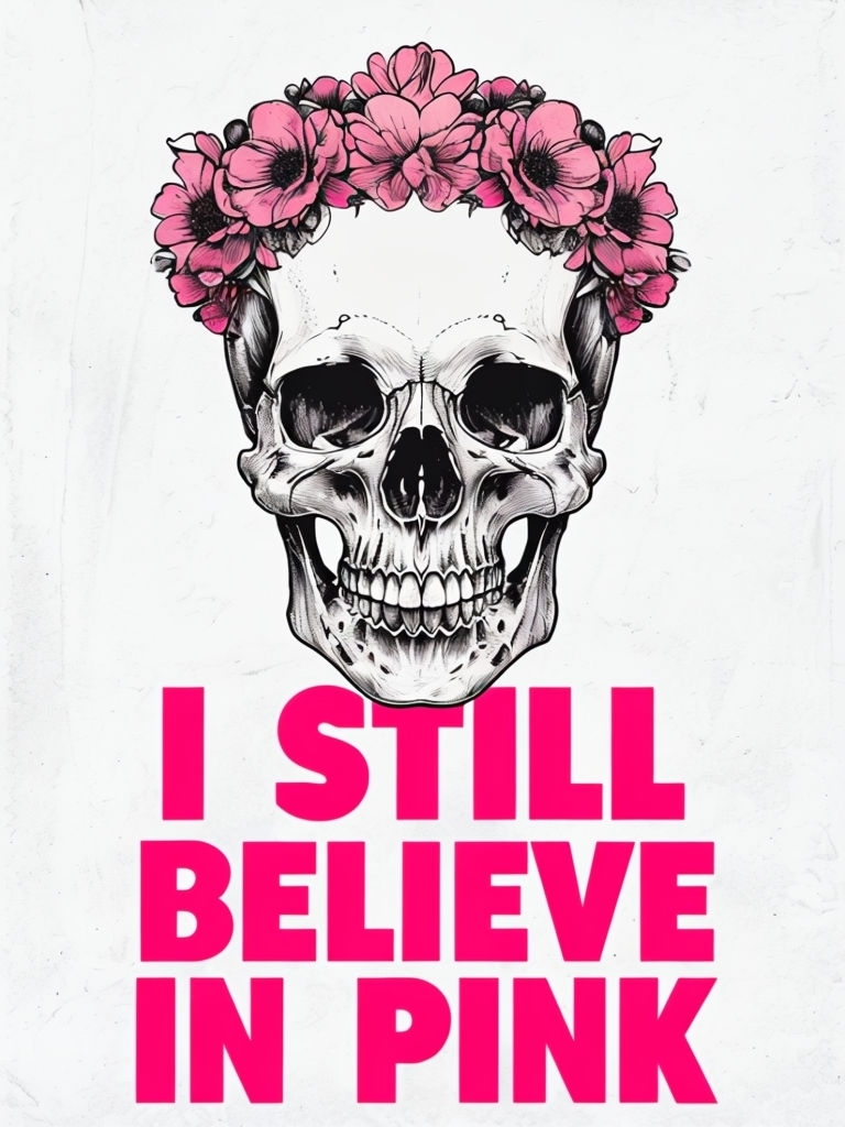 Skull with Floral Crown and Bold "I Still Believe in Pink" Poster