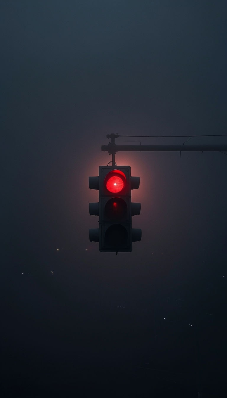 Solitary Red Traffic Light in Foggy Night Scene Mobile Wallpaper