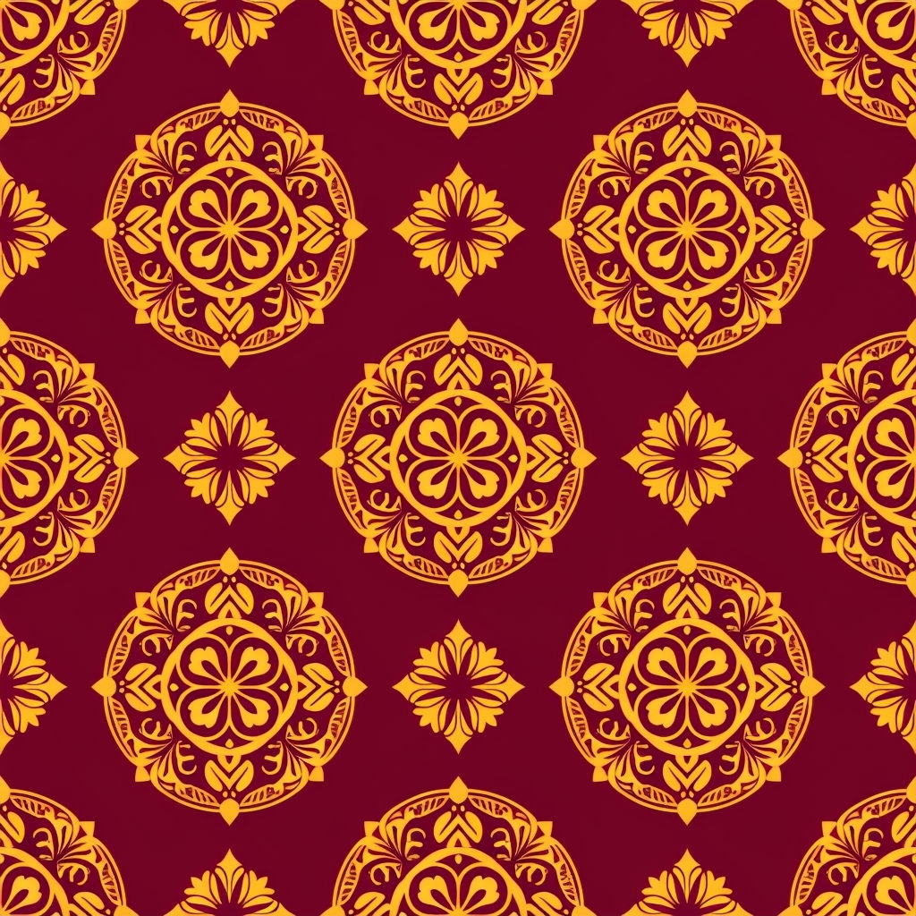 Elegant Golden Yellow Floral Motif Pattern on Burgundy Background Seamless Pattern