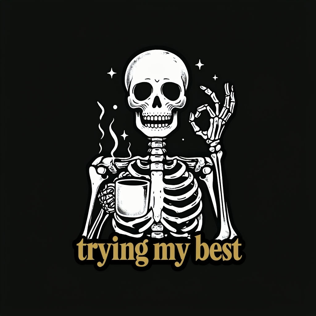 Whimsical Skeleton Holding Mug with Trying My Best Text Mug
