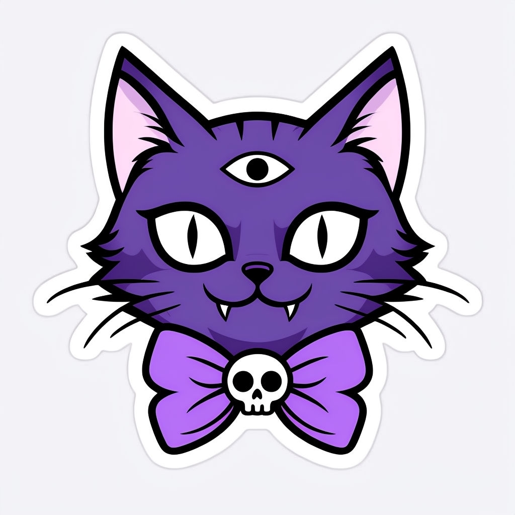 Whimsical Cartoon Cat Face with Third Eye and Skull Bow Sticker