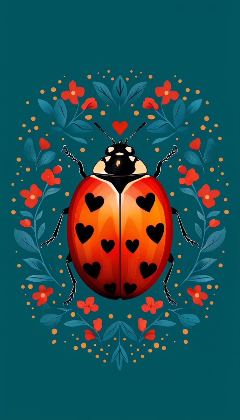 Vibrant Red Ladybug with Floral Design on Teal Background Phone Case Cover
