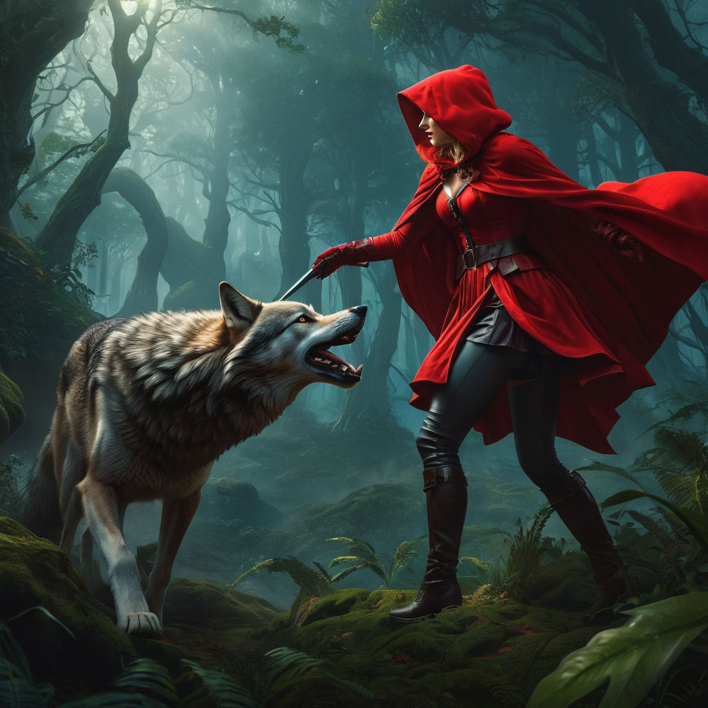 Little Red Riding Hood fighting a wolf. A European jungle in... by C ...