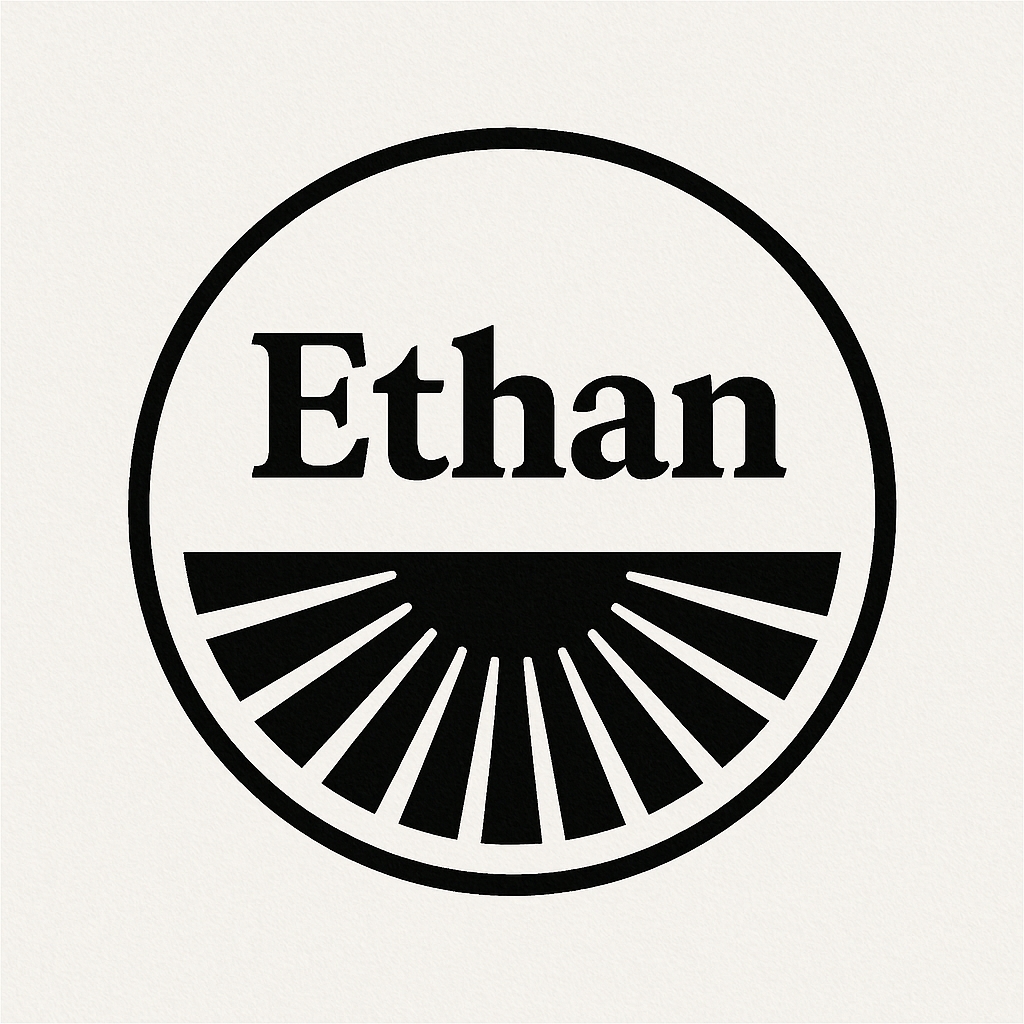Minimalist Black Circular Ethan Logo Design with Sunburst Elements
