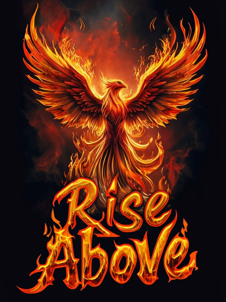 Fiery Phoenix Rising with 'Rise Above' Text Poster