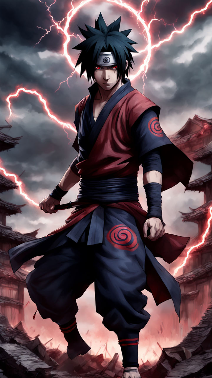 sasuke and itachi uchiha with a thunderous background in the style of  masashi kishmoto