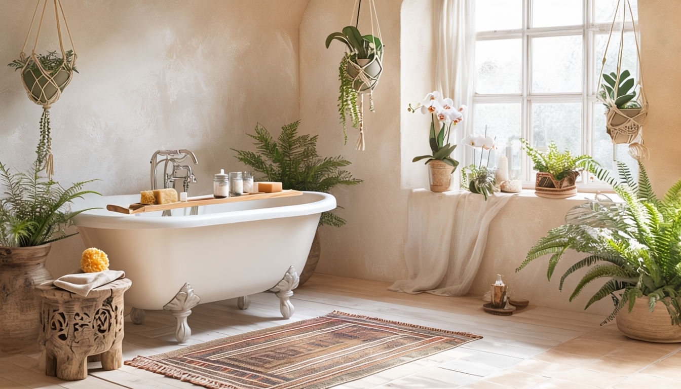 Serene Boho Bathroom with Natural Light Virtual Background