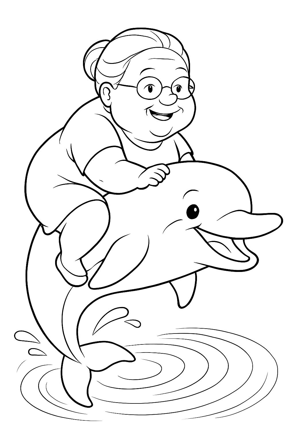 Elderly Woman Joyfully Riding a Dolphin Coloring Page