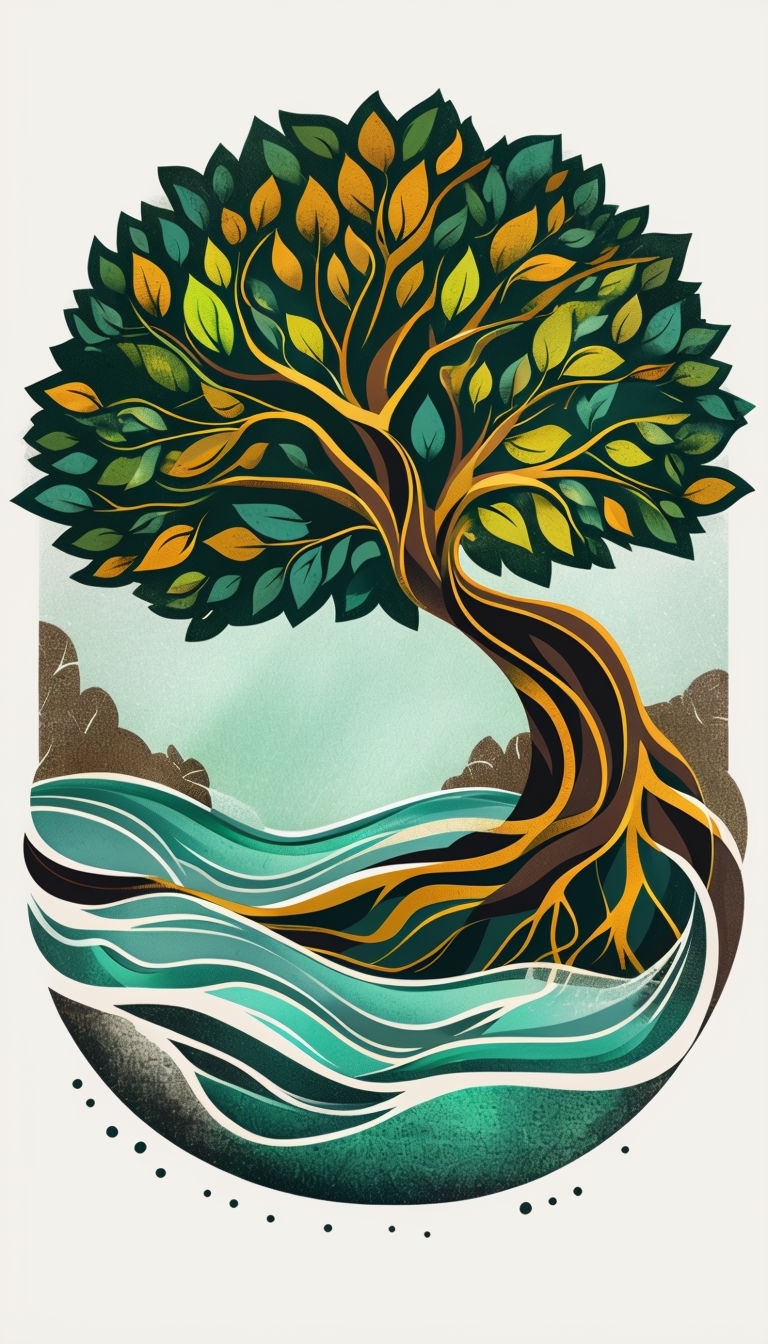 Whimsical Retro Tree and River Dance Illustration Art