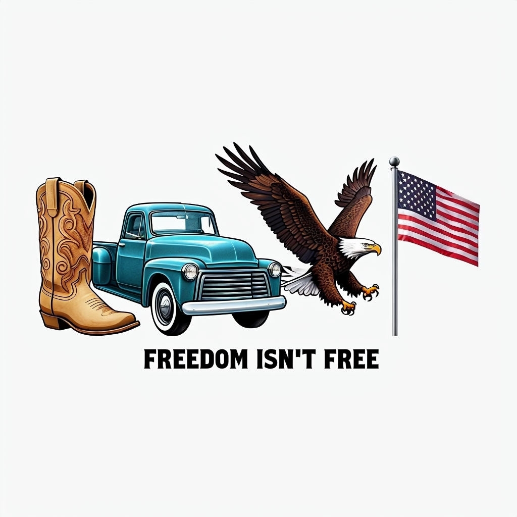 American Culture Symbols with Freedom Isn't Free Text T-Shirt