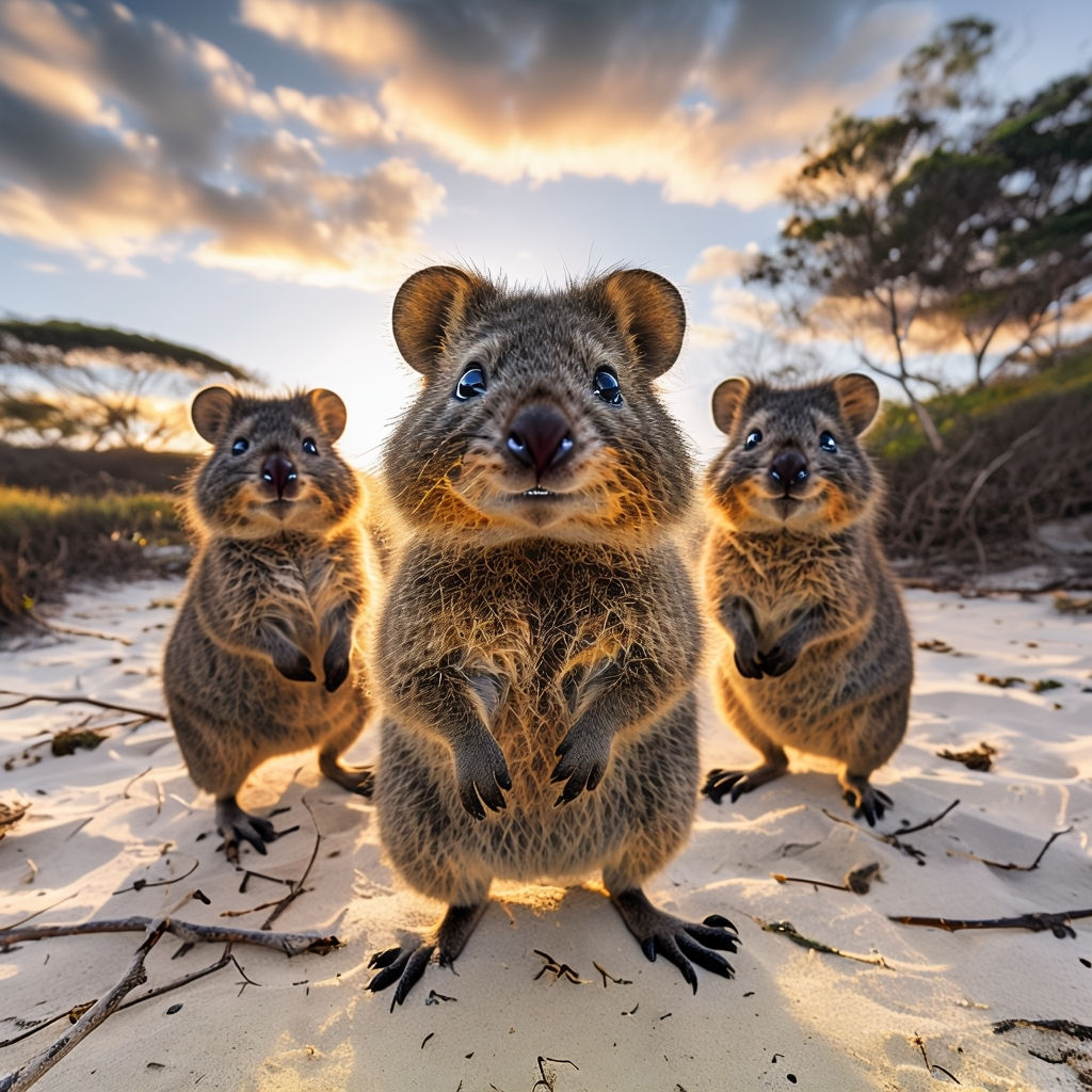 Whimsical Quokkas on a Serene Beach at Sunset Photograph