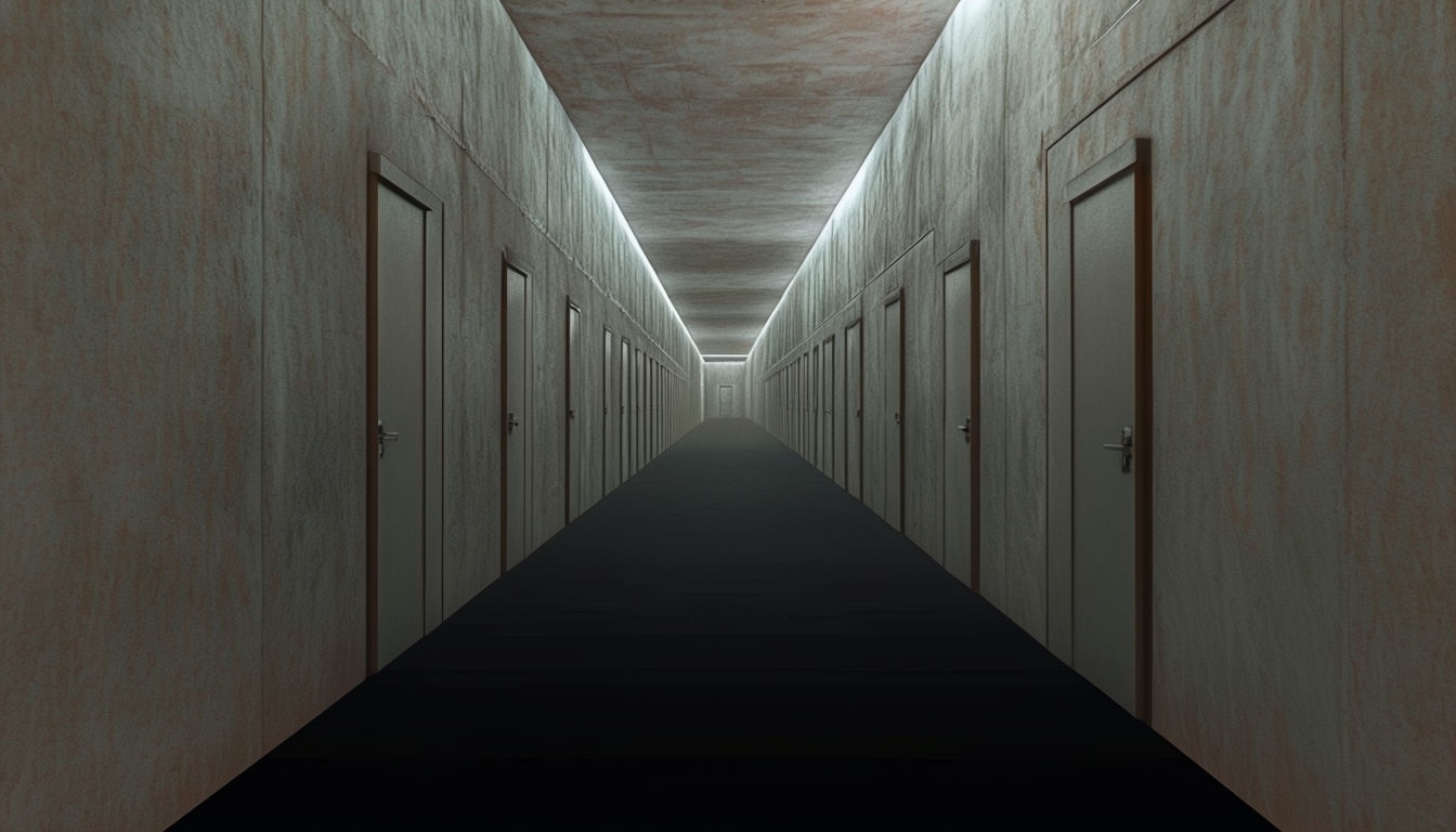 Mysterious Dimly Lit Corridor with Identical Closed Doors Background