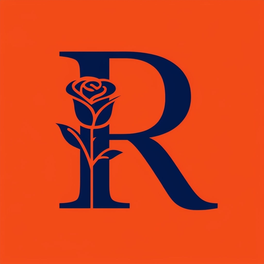 Modern Minimalist Navy Blue 'R' Logo with Rose Design