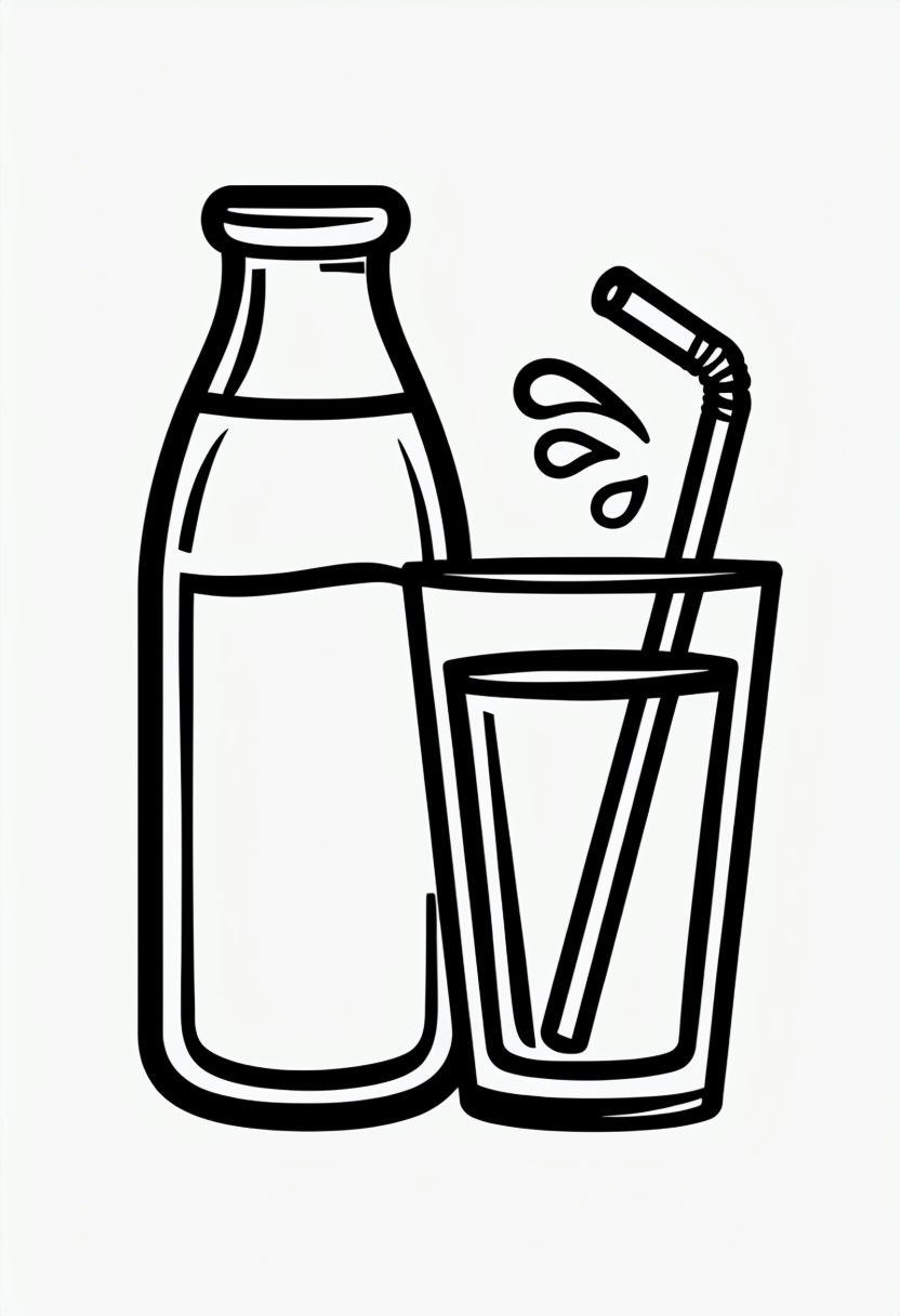 Simple Black and White Milk Bottle and Glass Line Art Coloring Book Pages