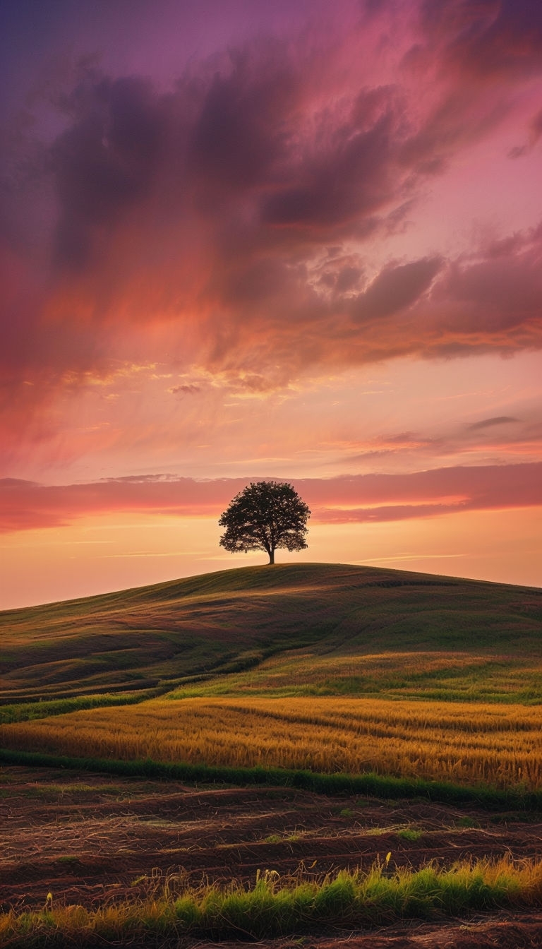 Serene Tree on Rolling Hill at Sunset Landscape Mobile Wallpaper